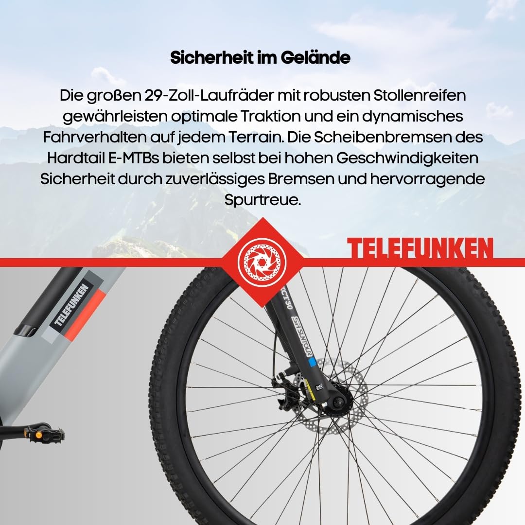 TELEFUNKEN MTB E-Bike Herren 29 Zoll, Elektrofahrrad Hinterradmotor, 7-Gang Kettenschaltung, Scheibenbremsen - Pedelec Mountainbike
