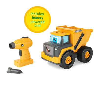 John Deere Kids Build-A-Buddy Yellow Dump Truck - 13 Piece Take Apart Toy Truck with Battery Powered Drill - Childs Farm Toy Cars - Educational STEAM Toys and STEM Toys - Plus 18 Month Old Baby Toys