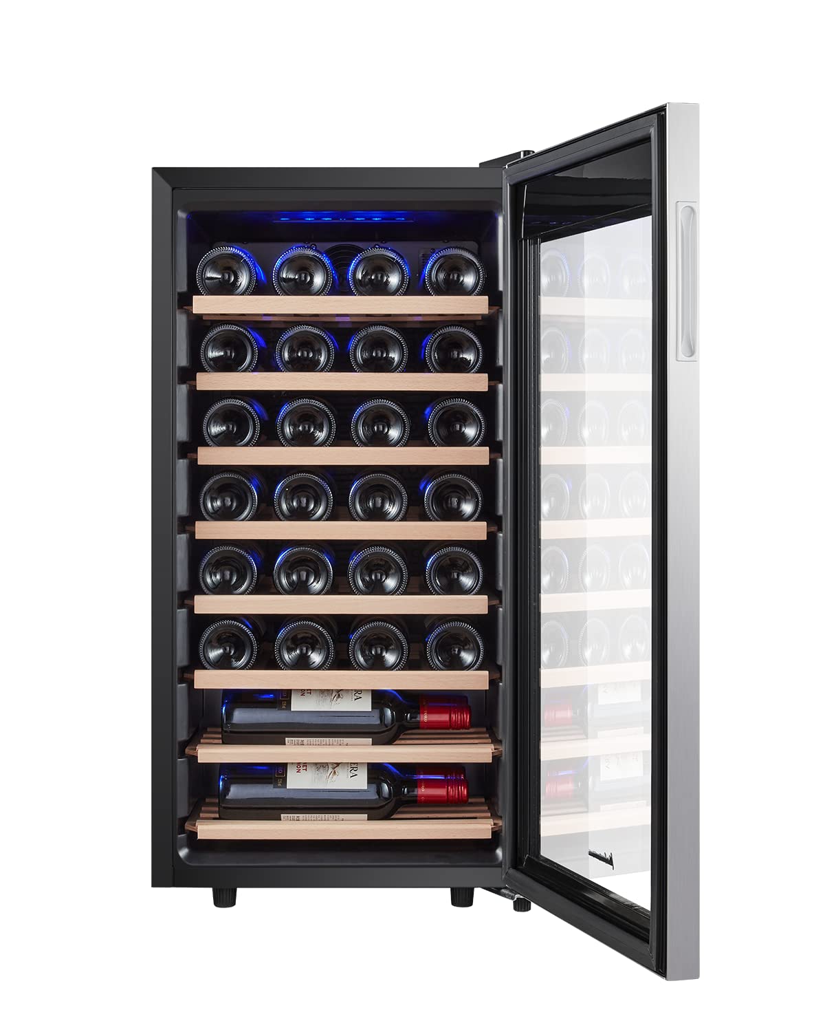Kalamera Weinkühlschrank, 28 Flaschen 86 Liter, Touch-Bedienfeld, Edelstahl Glastür, 5-18°C Kühlzone, Abnehmbar Holzauflagen, KRC-86FCSS-W