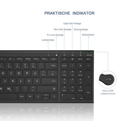 seenda Tastatur Maus Set Kabellos, Wiederaufladbare Aluminium Tastatur mit kompaktes Design, Ultradünne und Leise Funktastatur mit Maus für PC/Laptop/Smart TV, QWERTZ Layout, Schwarz
