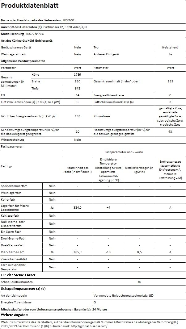Hisense RS677N4AFC Side by Side Kühl – Gefrier - Kombination,179cm, 519 Liter Gesamtkapazität, EEK: C, LED Beleuchtung, Multi Air Flow, Inverter Kompressor, Touch Display, schwarz