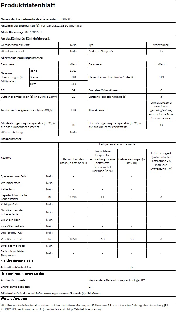 Hisense RS677N4AFC Side by Side Kühl – Gefrier - Kombination,179cm, 519 Liter Gesamtkapazität, EEK: C, LED Beleuchtung, Multi Air Flow, Inverter Kompressor, Touch Display, schwarz