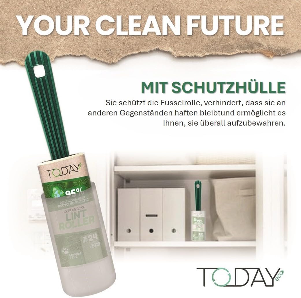 Today Eco - Fusselrolle 16 Rollen + Deckel + 2 Abroller 95% recyceltes Material - Fusselrolle Tierhaare Easy-Peel - Geeignet für Haare, Staub, Kleidung, Tierhare