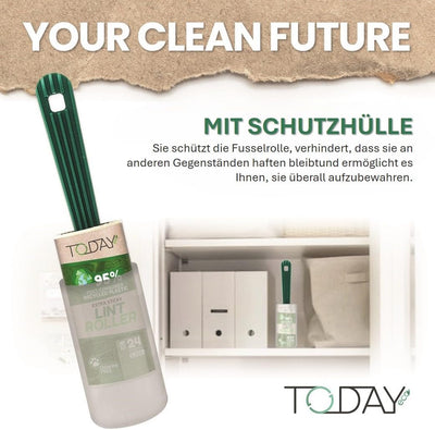 Today Eco - Fusselrolle 16 Rollen + Deckel + 2 Abroller 95% recyceltes Material - Fusselrolle Tierhaare Easy-Peel - Geeignet für Haare, Staub, Kleidung, Tierhare