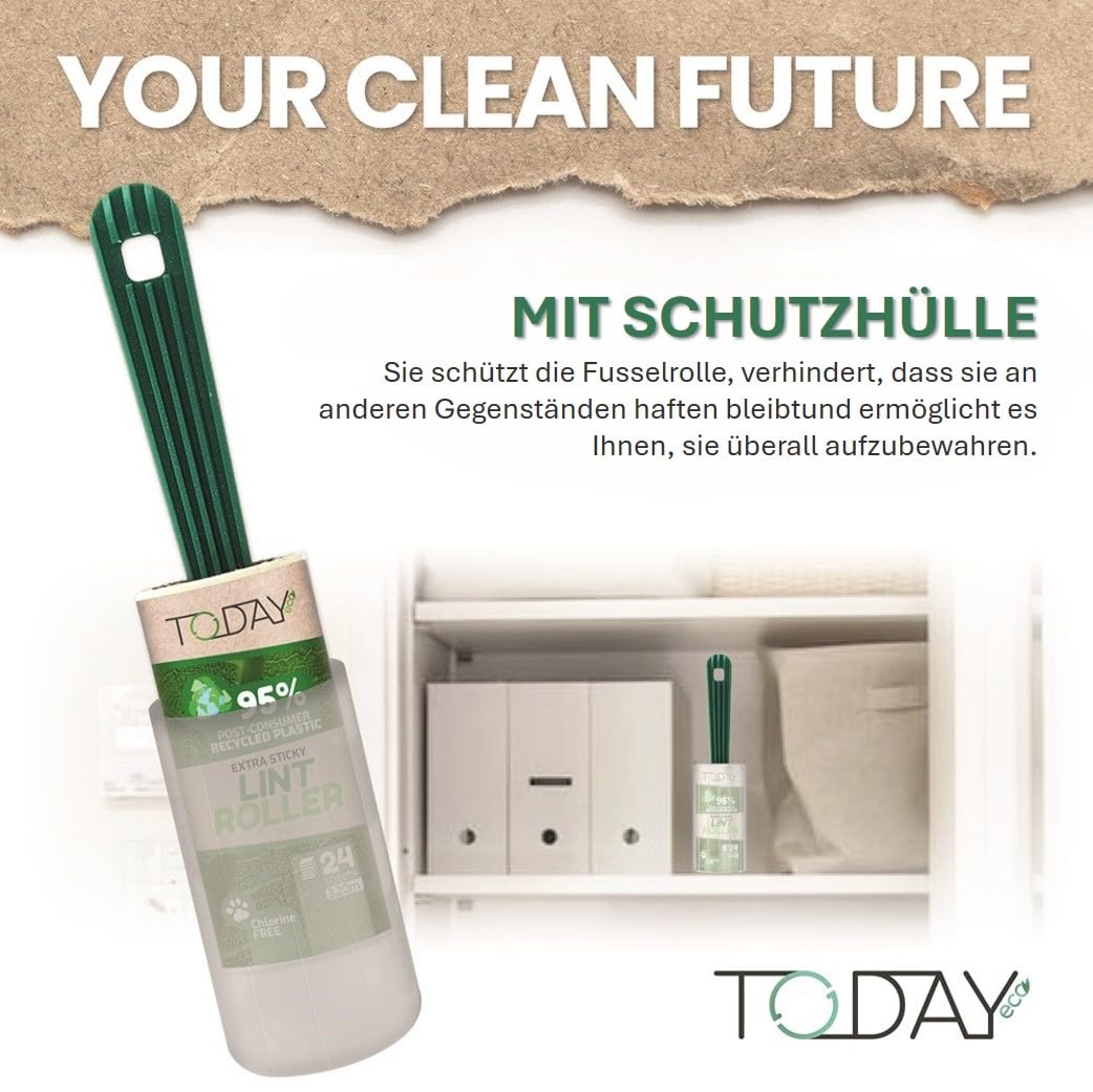 Today Eco - Fusselrolle 16 Rollen + Deckel + 2 Abroller 95% recyceltes Material - Fusselrolle Tierhaare Easy-Peel - Geeignet für Haare, Staub, Kleidung, Tierhare