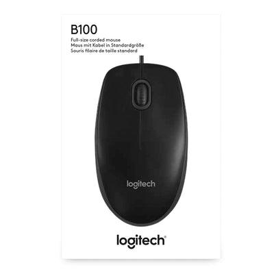 Logitech B100 Maus mit Kabel, USB-Anschluss, 800 DPI Optischer Sensor, 3 Tasten, Für Links- und Rechtshänder, PC/Mac - Schwarz