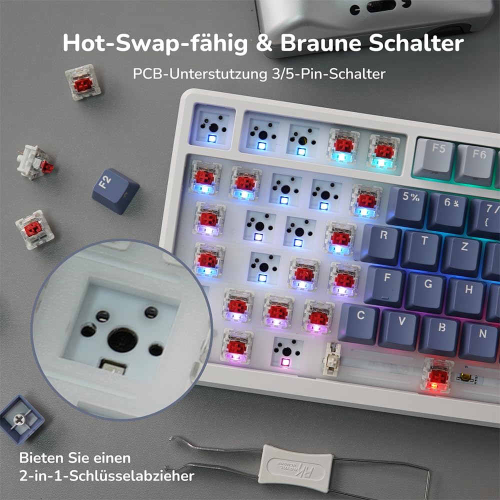 RK ROYAL KLUDGE M75 Gaming Tastatur kabellos 75% TKL Mechanische Tastatur RGB 2,4 GHz Wireless/Bluetooth/USB-C QWERTZ mit OLED-Smart-Display und Knopf Hot Swappable Roter Schalter, Lavendelviolett
