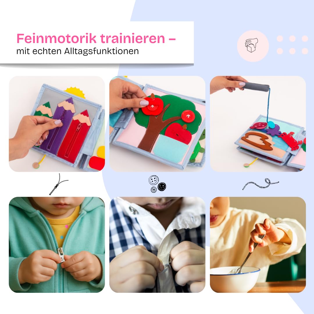 Jolly Designs – Mini Quiet Book Sonnenschein – Montessori Spielzeug ab 18 Monaten – Motorik & Kreativität fördern – Busy Book aus Filz – Handgefertigtes Filzbuch – Perfekt für unterwegs & Reisen
