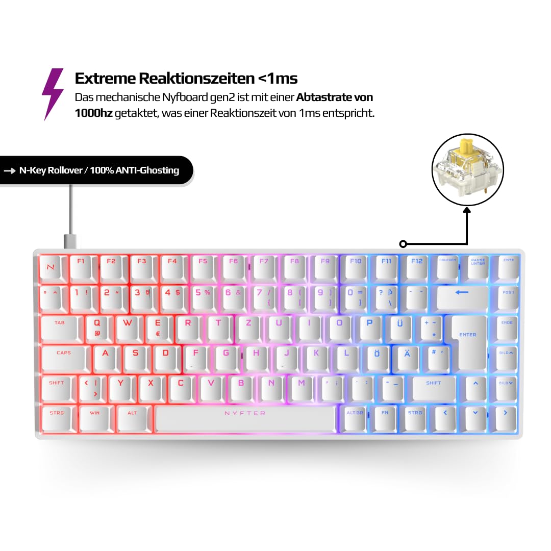 Nyfter - 75% Gaming Keyboard - NYFBOARD GEN2 Gaming Computer Tastatur mit Gateron Yellow Switches - HOT-SWAPPABLE mechanisch RGB-Hintergrundbeleuchtung ISO-DE Layout für Gamer (White, 75%)