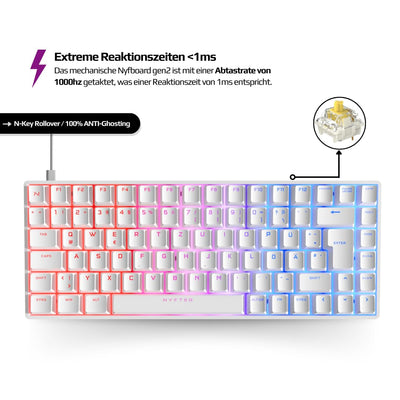 Nyfter - 75% Gaming Keyboard - NYFBOARD GEN2 Gaming Computer Tastatur mit Gateron Yellow Switches - HOT-SWAPPABLE mechanisch RGB-Hintergrundbeleuchtung ISO-DE Layout für Gamer (White, 75%)
