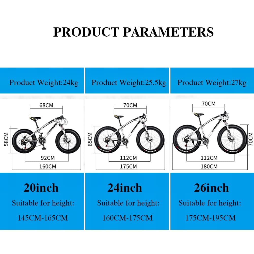 UJKDDDCC 20/24/26 x 4,0 Zoll Dicke Rad-Mountainbikes, Fat Tire Mountain Trail Bike für Erwachsene, 7/21/24/27/30-Gang-Fahrrad, Rahmen aus Kohlenstoffstahl, Doppelfederung und