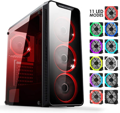 EMPIRE GAMING Warmachine - Gamer-PC-Gehäuse – Mittelgroßer Gehäuseturm ATX - 4 geräuschlose Lüfter - LED-RGB-Dual-Ring: Rückbeleuchtung mit 11 Modi - Front und Seite aus vorgespanntem Glas