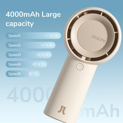 JISULIFE Turbo Handventilator Akku [16 Stunden Lange Arbeitszeit] 4000mAh Tragbarer Mini Ventilator USB Wiederaufladbarer mit 5 Geschwindigkeiten für Reisen/Draußen/Zuhause/Büro - Braun