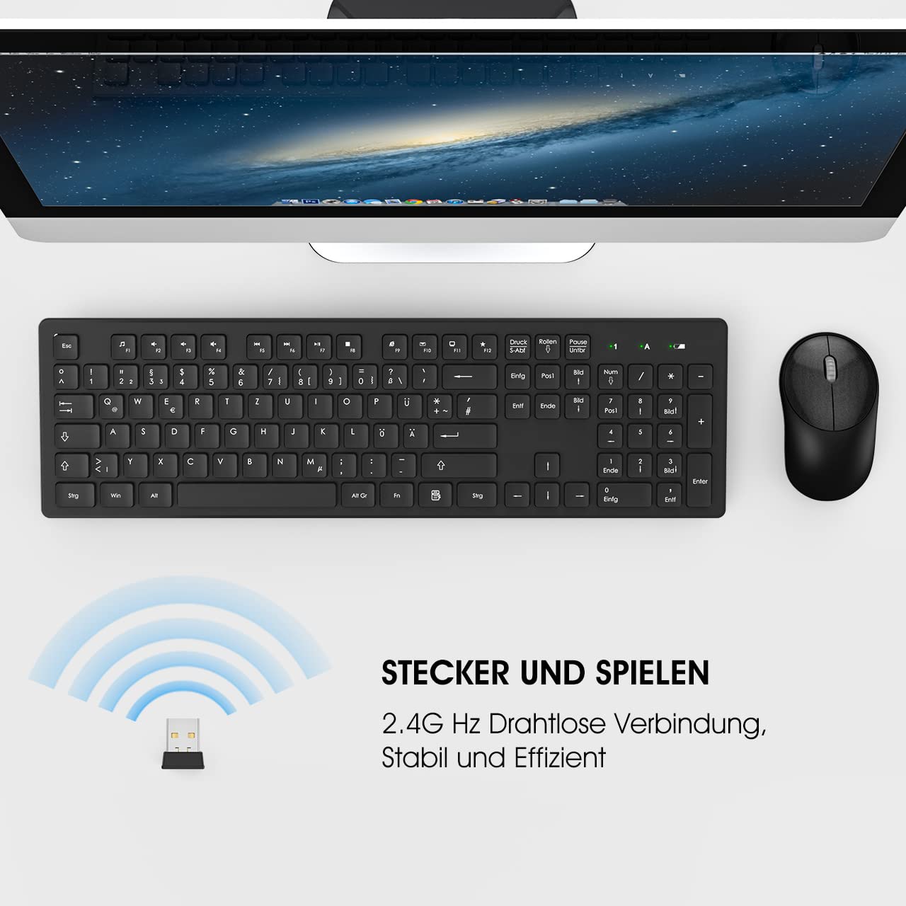 Tastatur Maus Kabellos, 2,4GHz Büro Maus Tastatur Set Kabellos mit USB, Tastatur in voller Größe, Leise Maus mit 1600DPI, für Windows, Desktop PC, Chromebook, Laptop, Computer(Deutsche/Schwarz)