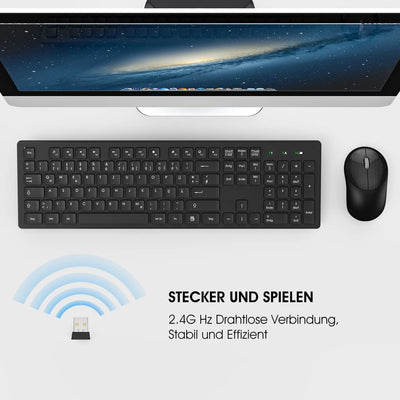 Tastatur Maus Kabellos, 2,4GHz Büro Maus Tastatur Set Kabellos mit USB, Tastatur in voller Größe, Leise Maus mit 1600DPI, für Windows, Desktop PC, Chromebook, Laptop, Computer(Deutsche/Schwarz)