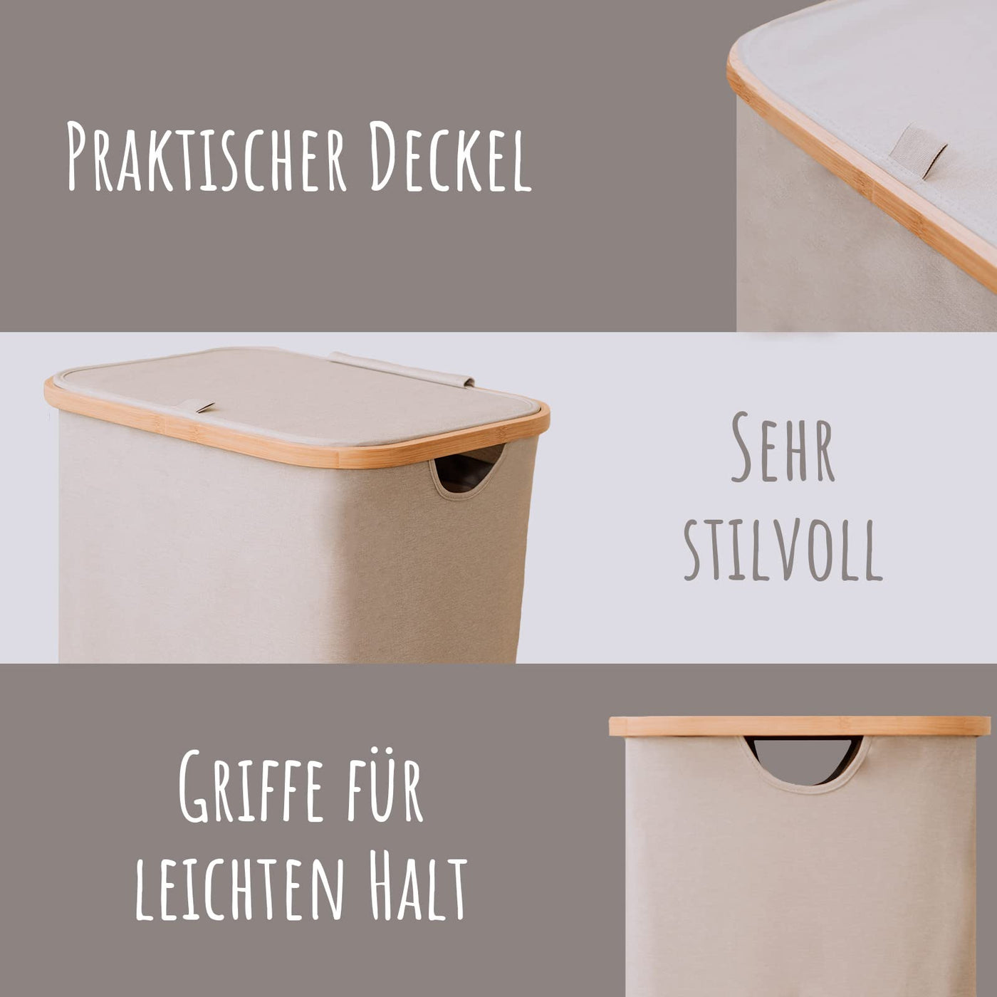 LONBET Wäschekorb mit Deckel 100L Groß - Stilvoller Wäschesammler Atmungsaktiv mit Stabilem Bambus-Rahmen - inklusive Herausnehmbarem Wäschesack Waschbar - Laundry Baskets Wasserdicht | Beige