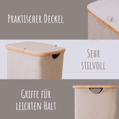LONBET Wäschekorb mit Deckel 100L Groß - Stilvoller Wäschesammler Atmungsaktiv mit Stabilem Bambus-Rahmen - inklusive Herausnehmbarem Wäschesack Waschbar - Laundry Baskets Wasserdicht | Beige