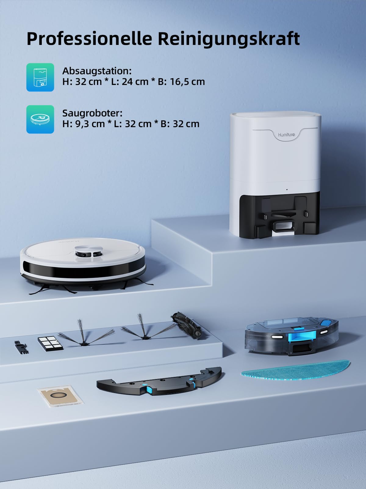 Staubsauger Roboter mit Wischfunktion, HONITURE Q6 SE Saugroboter, 3500Pa Saugroboter mit gespeicherten Karten, ideal für Tierhaare, Teppiche und Hartböden, Laufzeit 200 Minuten (mit 2,5L Saugstation)