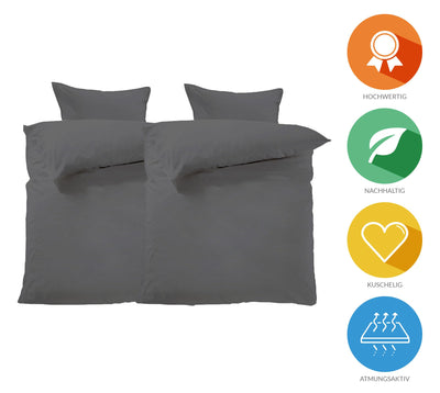 Lavea Bettwäsche 135x200 cm, 4teilig, Anthrazit, Unifarbig,100% Baumwolle - Atmungsaktiv, Nachhaltig, Pflegeleicht, ÖKO-TEX, 2X Ganzjahres Bettwäsche mit Reißverschluss und 2X Kissenbezug 80x80 cm
