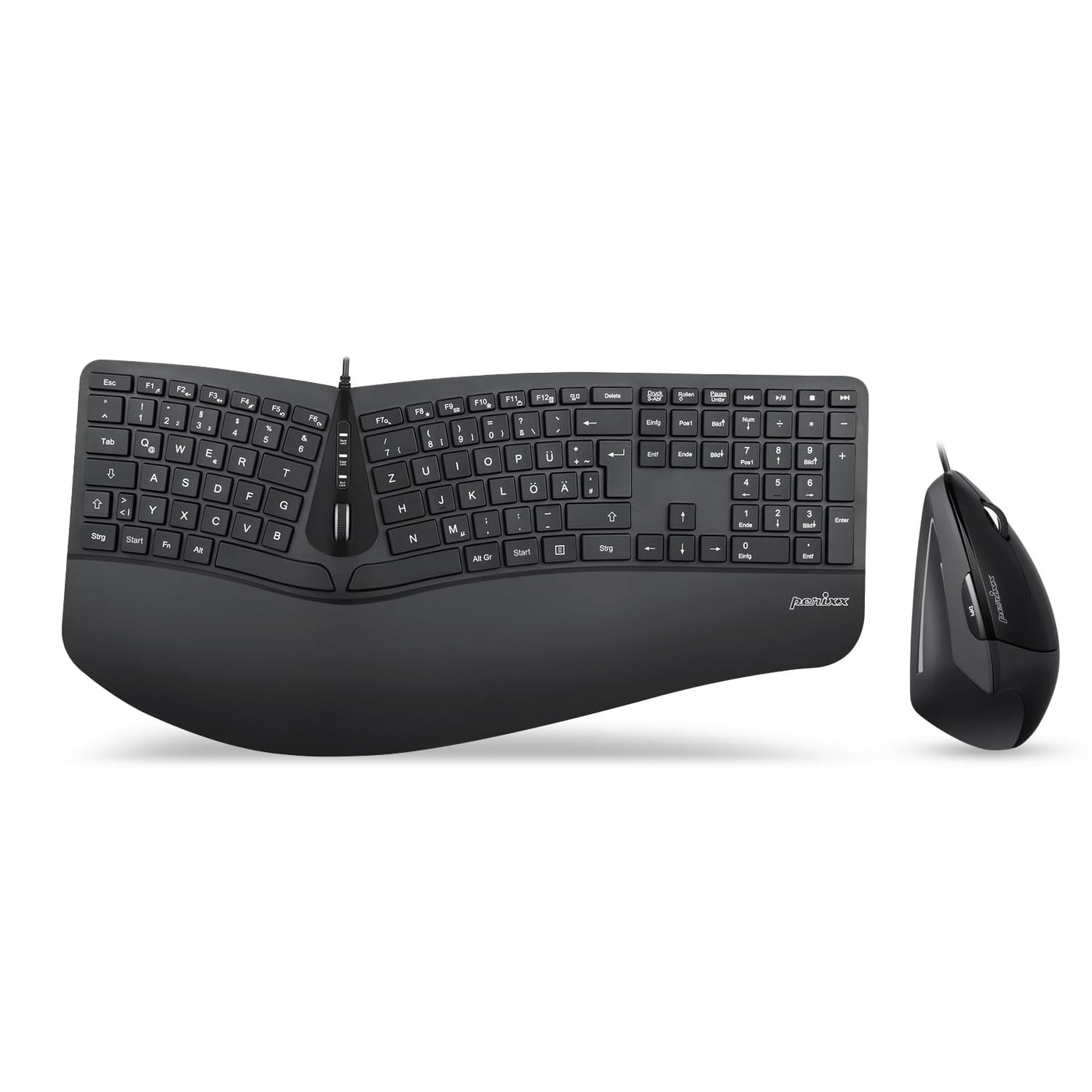 Perixx Periduo-505, Ergonomische Tastatur und Vertikale Maus Desktop Set, Geteiltes Tastenfeld, 4-Wege-Scrollrad, Anpassbare Handballenauflage, Flache Tasten, USB-Kabelgebunden, DE QWERTZ