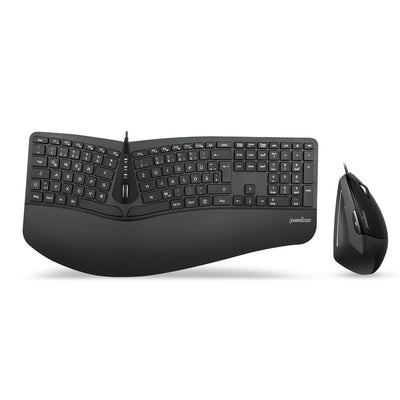 Perixx Periduo-505, Ergonomische Tastatur und Vertikale Maus Desktop Set, Geteiltes Tastenfeld, 4-Wege-Scrollrad, Anpassbare Handballenauflage, Flache Tasten, USB-Kabelgebunden, DE QWERTZ
