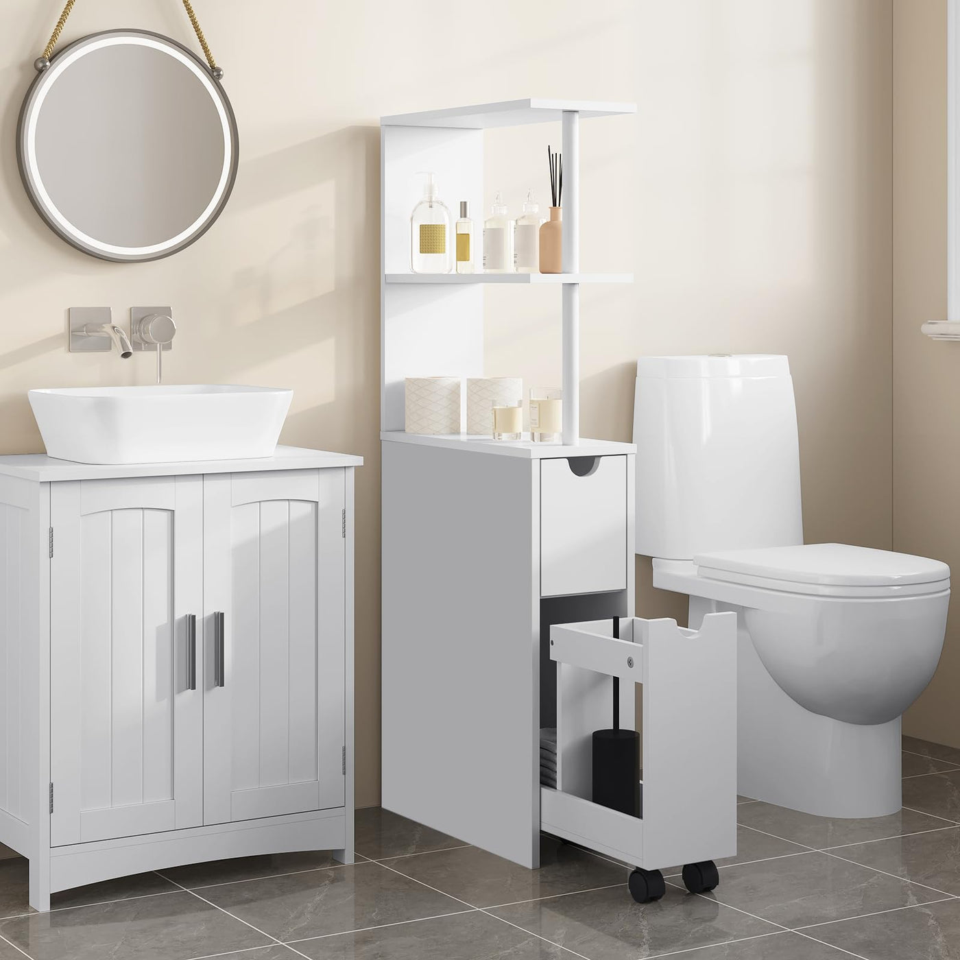 EUGAD Nischenschrank Badezimmer, mit Schublade auf Rollen, offenen Ablagen, Badschrank Badezimmerschrank schmal, Seitenschrank Küchenschrank Mehrzweckschrank, Weiß, 19x113x45 cm (BxHxT)