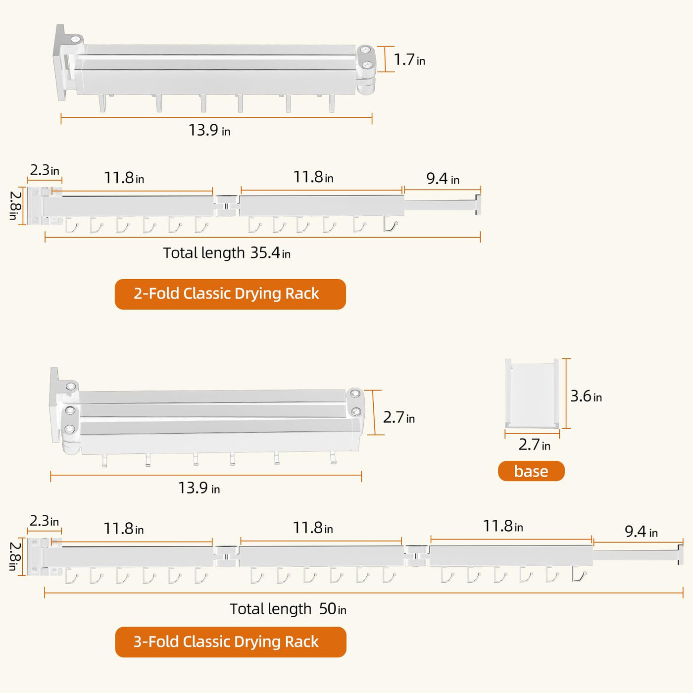 Kelisiting Wäscheständer Wandmontage, 3-Fold Wand Wäschetrockner ausziehbar, 120 cm/ 50 Inch gefaltet Ausziehbarer Wandmontage für kleine Haushalte, Platzsparend-150 LBS Tragkraft - Weiß