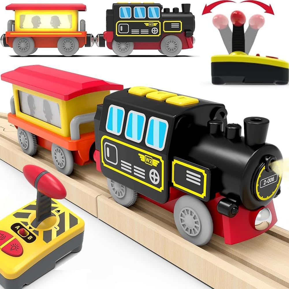 TOPLIVING Motorisierter Zug für Holzschienen, Ferngesteuerter Zug mit magnetischer Verbindung, batteriebetriebener Lokomotivzug für Kleinkinder, kompatibel mit Thomas, Brio, Chuggington