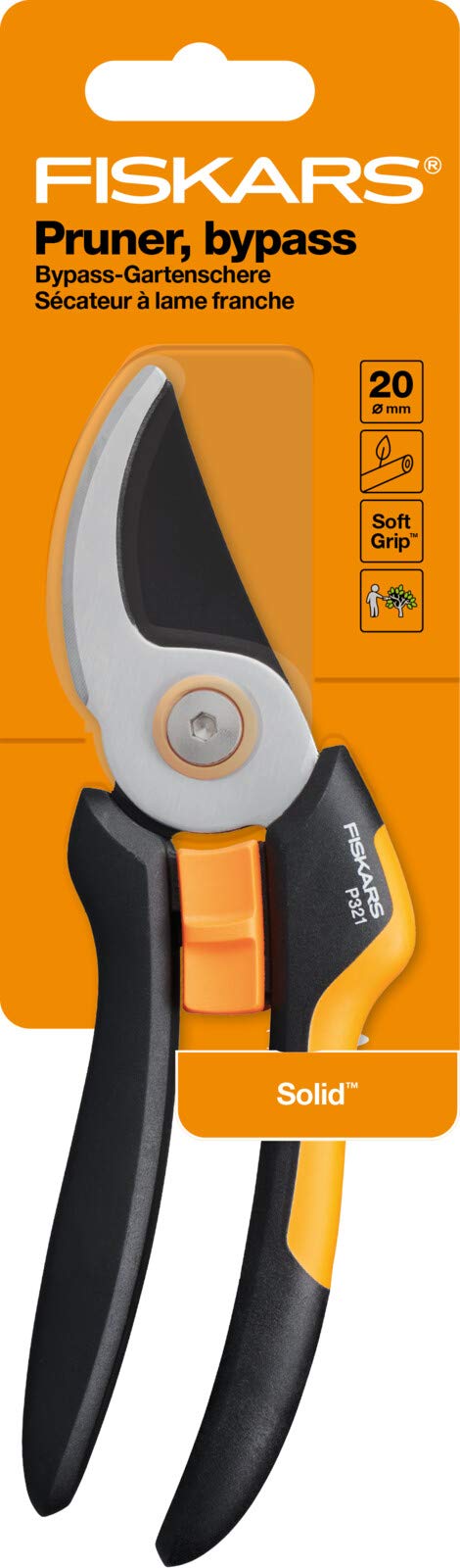 Fiskars Bypass-Gartenschere M, Solid, P321, Für frische Äste und Zweige, Antihaftbeschichtet, Edelstahl-Klingen, Länge: 20,1 cm, Schwarz/Orange, 1057162