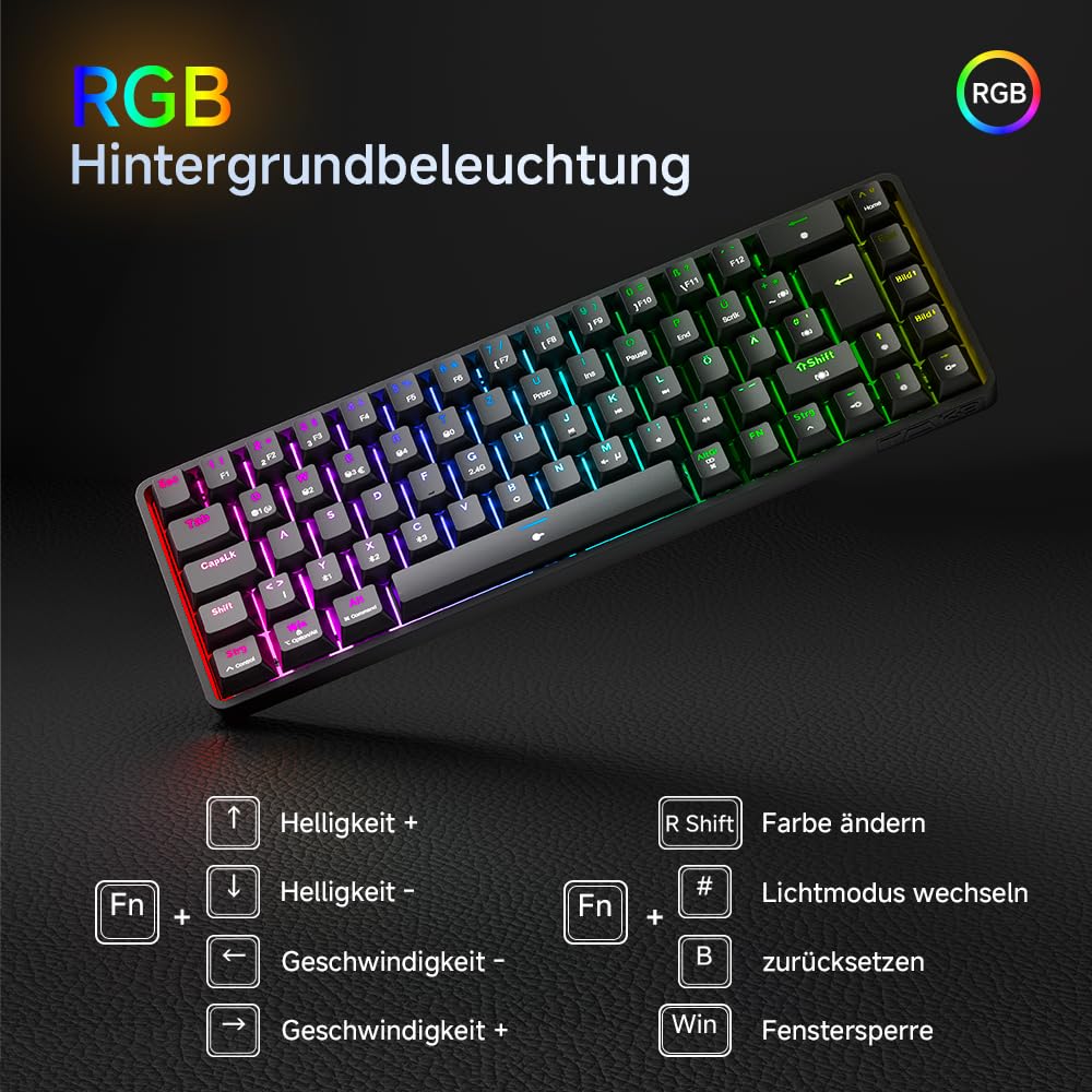 TMKB T68 Gaming Tastatur,60% Kabellos Mechanische RGB Tastatur mit Bluetooth/2.4G/Typ-C,Compact 68 Tasten Anti-Ghosting,Deutsches QWERTZ Layout,Red Linear Switch,Schwarz