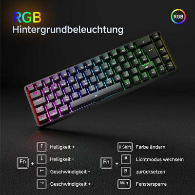 TMKB T68 Gaming Tastatur,60% Kabellos Mechanische RGB Tastatur mit Bluetooth/2.4G/Typ-C,Compact 68 Tasten Anti-Ghosting,Deutsches QWERTZ Layout,Blue Clicky Switch,Schwarz