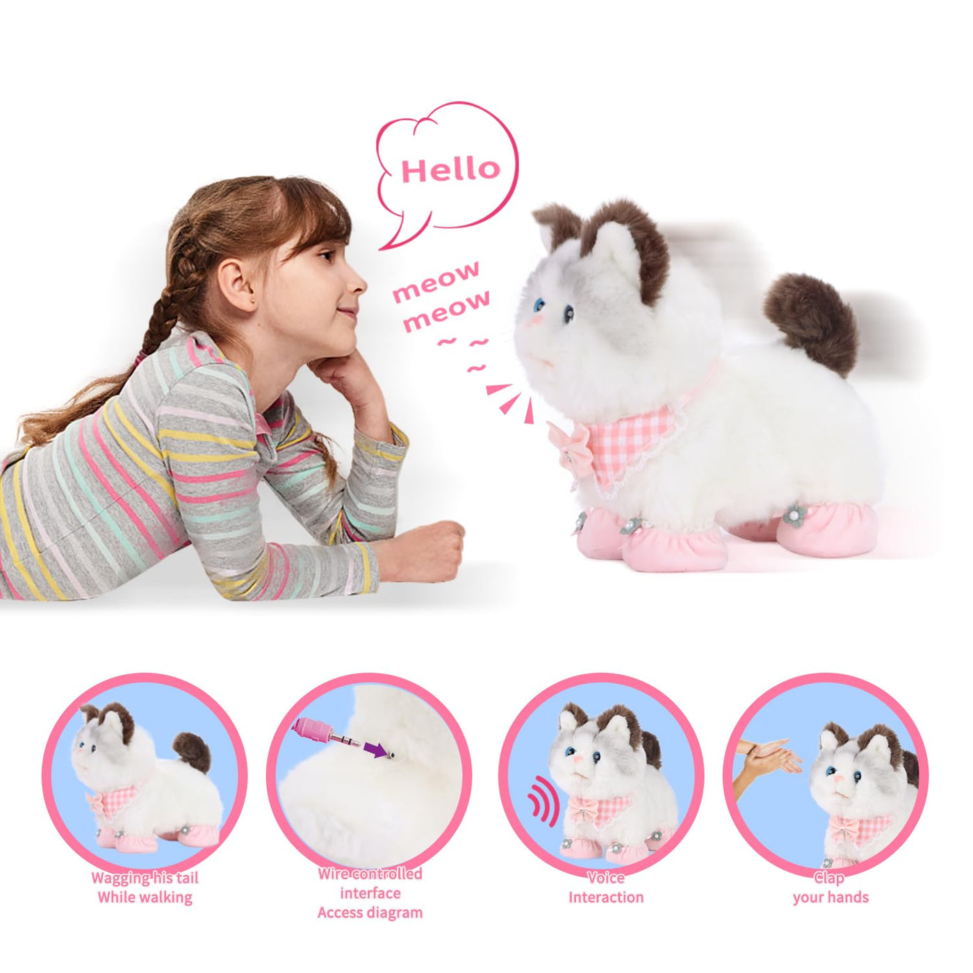 RuiDaXiang Elektronische Walking Plüsch Spielzeug Katze mit Fernbedienung Leine, realistische interaktive Begleiter Haustier Katze mit Zubehör, für 3-6 Jahre Jungen & Mädchen
