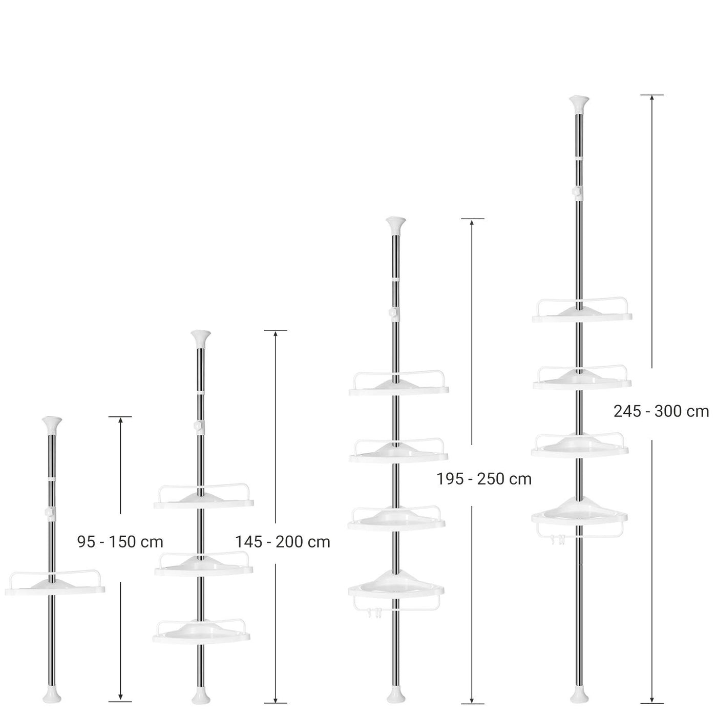 SONGMICS Duschregal höhenverstellbar, Eckregal fürs Badezimmer, Badregal, 95-300 cm, Boden bis Decke, Edelstahl, 4 Ablagen, 3 Haken, 1 Handtuchhalter, weiß-silbern BCB02SW