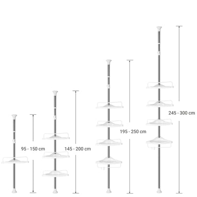 SONGMICS Duschregal höhenverstellbar, Eckregal fürs Badezimmer, Badregal, 95-300 cm, Boden bis Decke, Edelstahl, 4 Ablagen, 3 Haken, 1 Handtuchhalter, weiß-silbern BCB02SW