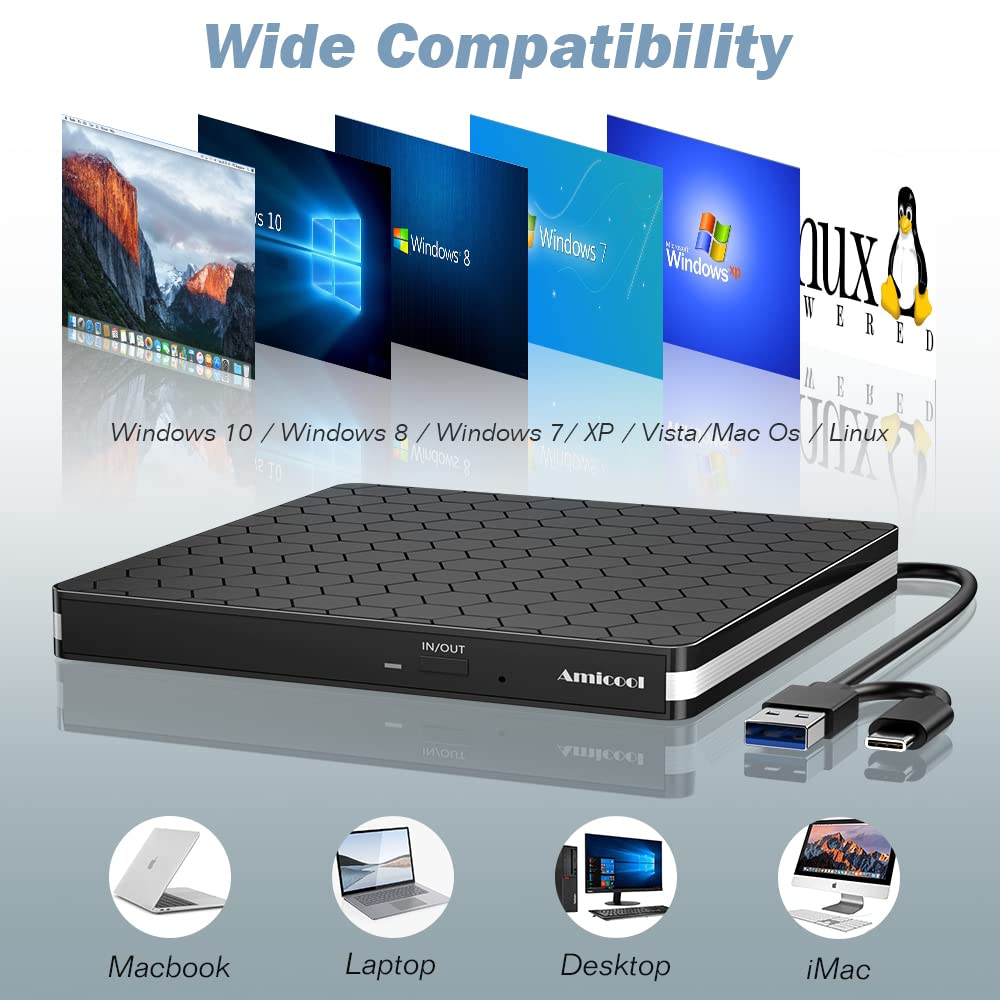 External DVD Drive, Amicool USB 3.0 Type-C CD DVD +/-RW Optical Drive USB C Burner Slim CD/DVD ROM Rewriter Writer Reader Portable for PC Laptop Desktop MacBook Mac Windows 7/8.1/10 Linux OS Apple