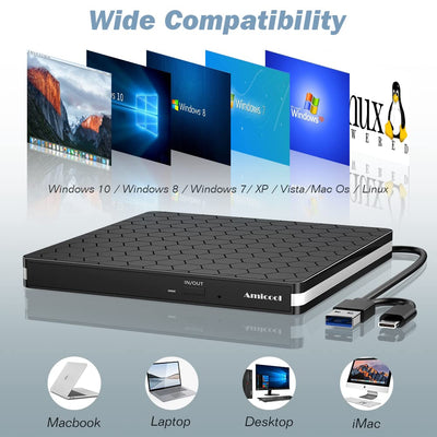 External DVD Drive, Amicool USB 3.0 Type-C CD DVD +/-RW Optical Drive USB C Burner Slim CD/DVD ROM Rewriter Writer Reader Portable for PC Laptop Desktop MacBook Mac Windows 7/8.1/10 Linux OS Apple