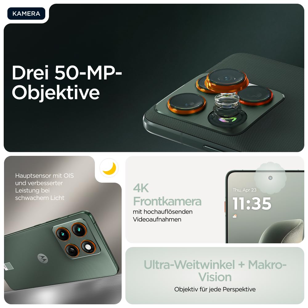 Motorola Edge 70 Smartphone (Robustes 6,67"-pOLED-Display mit Gorilla Glass 7i, 50-MP-Kamera, 12-512 GB, Wasser- und hitzebeständig, 68W-TurboPower-Aufladen), Pantone Lily Pad, inkl. Magnetcover