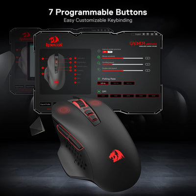 Redragon M656 Gainer Kabellose Gaming Maus, 4000 DPI 2.4Ghz Maus mit 5 DPI Stufen, 7 Makrotasten, rote LED Hintergrundbeleuchtung & Pro Software/Laufwerk unterstützt, für PC/Mac/Laptop