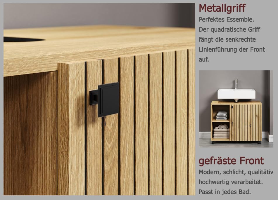 trendteam smart living - Waschbeckenunterschrank Unterschrank auf Rollen - Badezimmer - PureBliss - Aufbaumaß (BxHxT) 80 x 64 x 42 cm - Farbe Evoke Eiche mit schwarzen Rillen - 233730142