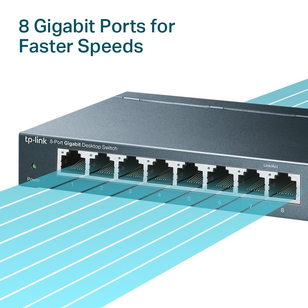 TP-Link TL-SG108 8-Port Gigabit Netzwerk Switch (Plug-and-Play, 8* RJ-45 LAN Ports, Metallgehäuse, IGMP-Snooping, unmanaged, lüfterlos) blau metallic