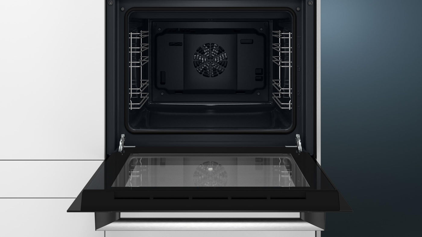 Siemens HB113FBS1, iQ100 Einbau-Backofen, 60 x 60 cm, Schwarz, Edelstahl, Schnellaufheizung, Gleichmäßig Bräunung durch 3D Heißluft, einfache Bedienung dank LED Display und versenkbarer Drehwähler