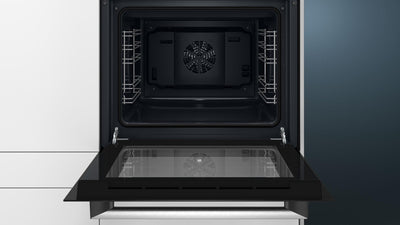 Siemens HB113FBS1, iQ100 Einbau-Backofen, 60 x 60 cm, Schwarz, Edelstahl, Schnellaufheizung, Gleichmäßig Bräunung durch 3D Heißluft, einfache Bedienung dank LED Display und versenkbarer Drehwähler