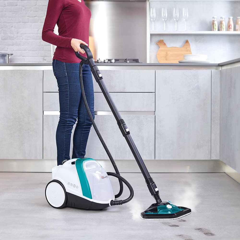 POLTI 8012628 Vaporetto Smart 100 T Dampfreinigungsgerät mit 4 Bar, tötet und beseitigt 99,99 Prozent Viren, Keime und Bakterien, Weiss/Türkis Metallic, Wassertankkapazität 2 l, Dampfmenge 110 g/Min