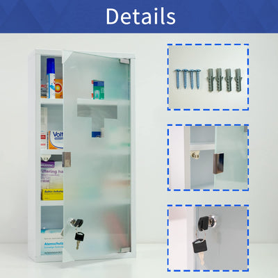 Style home Medizinschrank abschließbarer Arzneischrank 60x30x12cm, 4 Fächer, Metall Hausapotheke Medikamentschrank Erste-Hilfe-Schrank mit Glastür,inkl.2 Schlüsseln (Weiß)