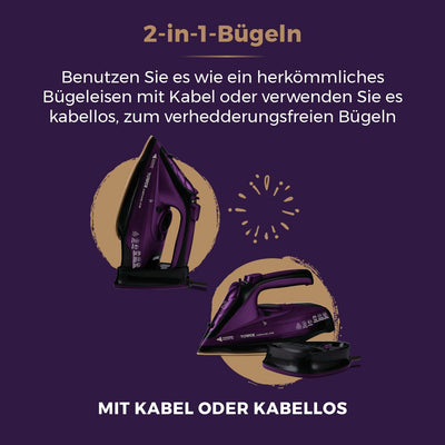 Tower T22008 CeraGlide Kabelloses Dampf Bügeleisen mit Keramiksohle - Dampfbügeleisen mit Variabler Dampffunktion, Lila