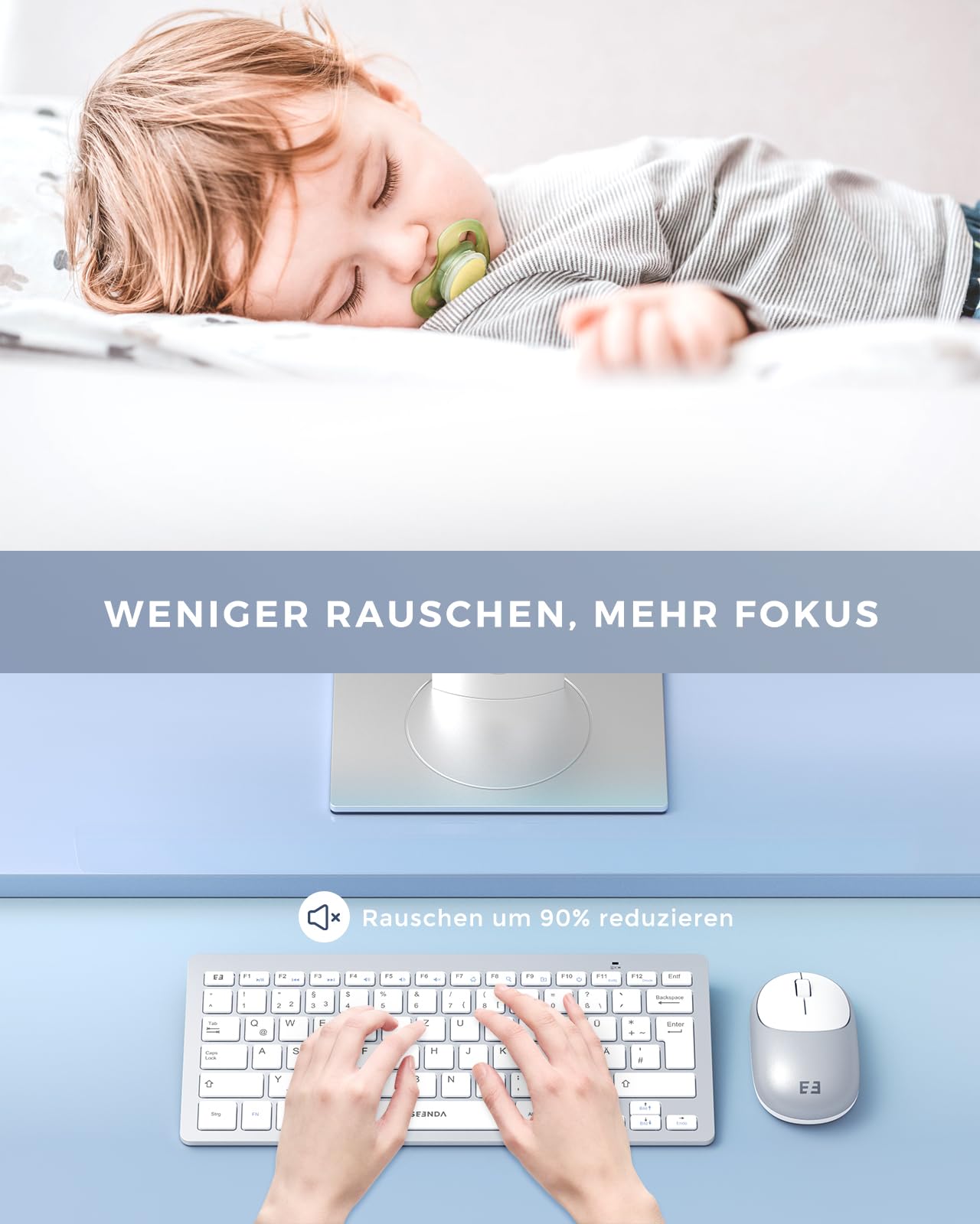 seenda Funktastatur mit Maus, Kleine Tastatur Maus Set kabellos mit USB Empfänger für PC/Laptop/Desktop/TV, Ultradünne 70% Tastatur mit QWERTZ Layout, Weiß & Silber