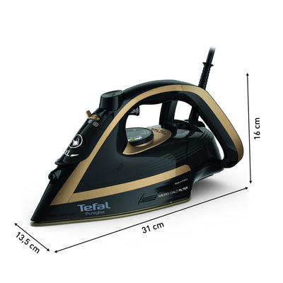 Tefal Puregliss Dampfbügeleisen, 3000 Watt, 280 g/Min. Dampfstoß, 0-50 g/Min. variabler Dampf, Vertikaldampf, Durilium AirGlide Autoclean Bügelsohle, Micro-Calc-Filter, schwarz/gold, FV8064