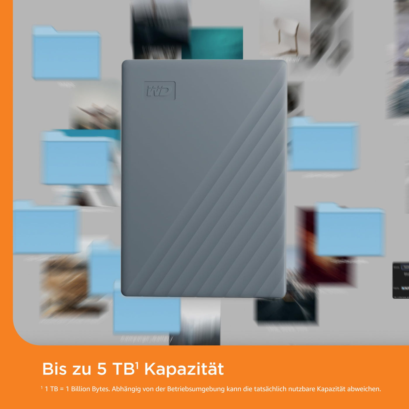 WD My Passport-Festplatte, funktioniert mit USB-C 5 TB (Mobile Festplatte, Passwortschutz, Backup-Software, USB 3.2 Gen 1, 3 Jahre Garantie) Siliziumgrau