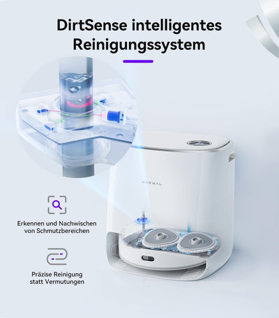 NARWAL Freo Saugroboter mit Wischfunktion und automatischer Dockingstation (Freo-Modus und DirtSense-Schmutzerkennung, rotierende Mopps, Smart-Swing Randreinigung, Heißlufttrocknung)