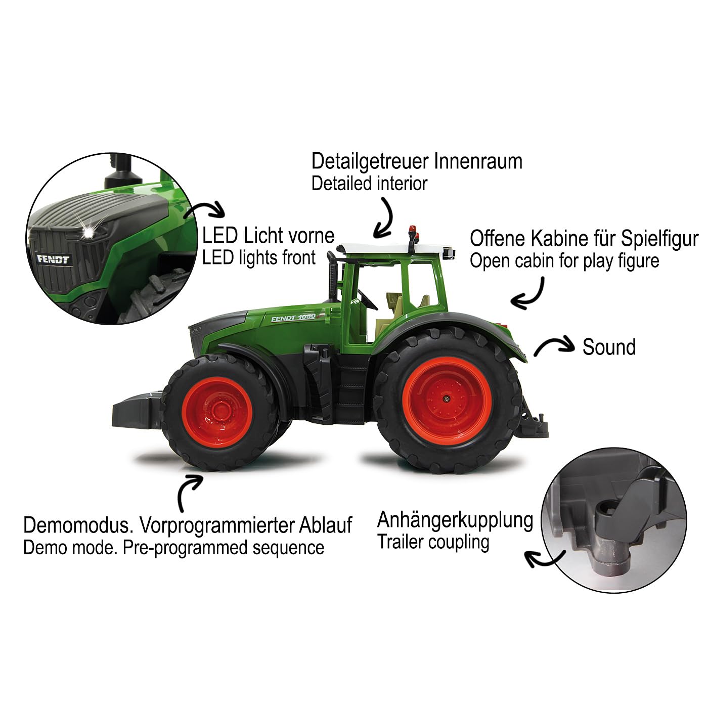 JAMARA 405035 - Fendt 1050 Vario 1:16 2,4Ghz - RC Traktor, Motorsound (abschaltbar), Rückfahrwarnsound, Hupe, Abschaltfunktion, 2 Radantrieb, Gummireifen, Helle LED‘s vorne, Blinker, Demo Funktion